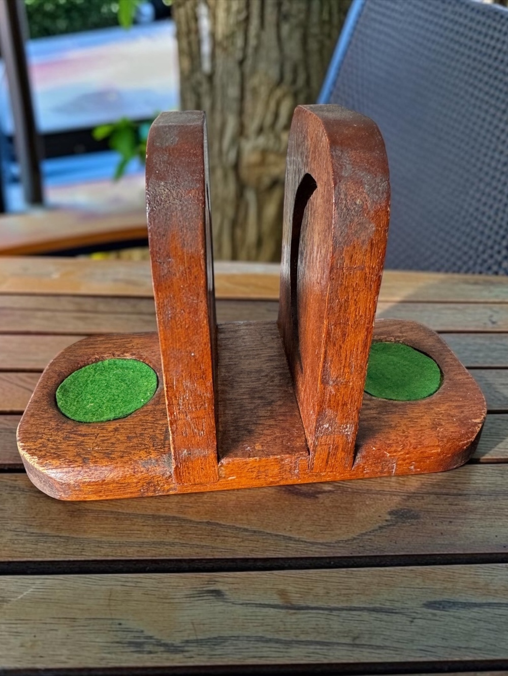 Vintage Wooden Napkin Holder Salt Pepper Caddy Green Felt Crescent Cutout